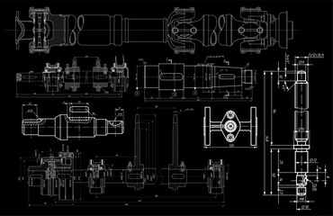 Vector engineering drawing of steel mechanical parts
(shaft, driveshaft) 
with dimension lines. Industrial 
cad scheme on paper sheet. Technology background.
Set of shaft.