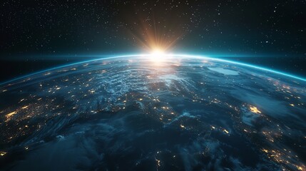 Fototapeta premium Night view of Earth from space, sun shining through clouds