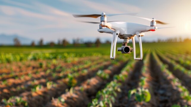 drone flying over a smart farm, capturing data from fields of crops, the landscape beautifully arranged