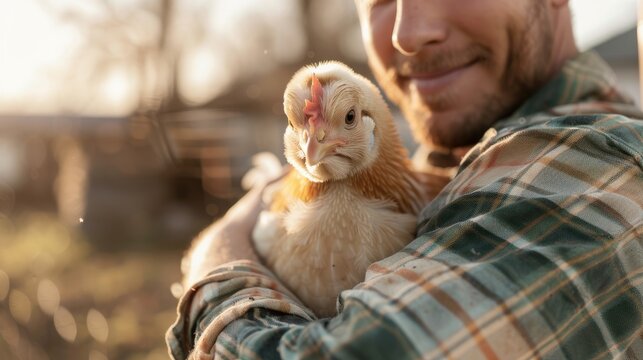 farmer gently holding a chicken, highlighting the human-animal bond and care in farming