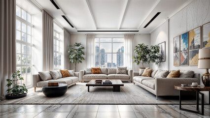 interior apartment with modern living room in Scandinavian art deco interior style, spacious room with a sitting area with sofas and pillows in light pastel colors and large windows