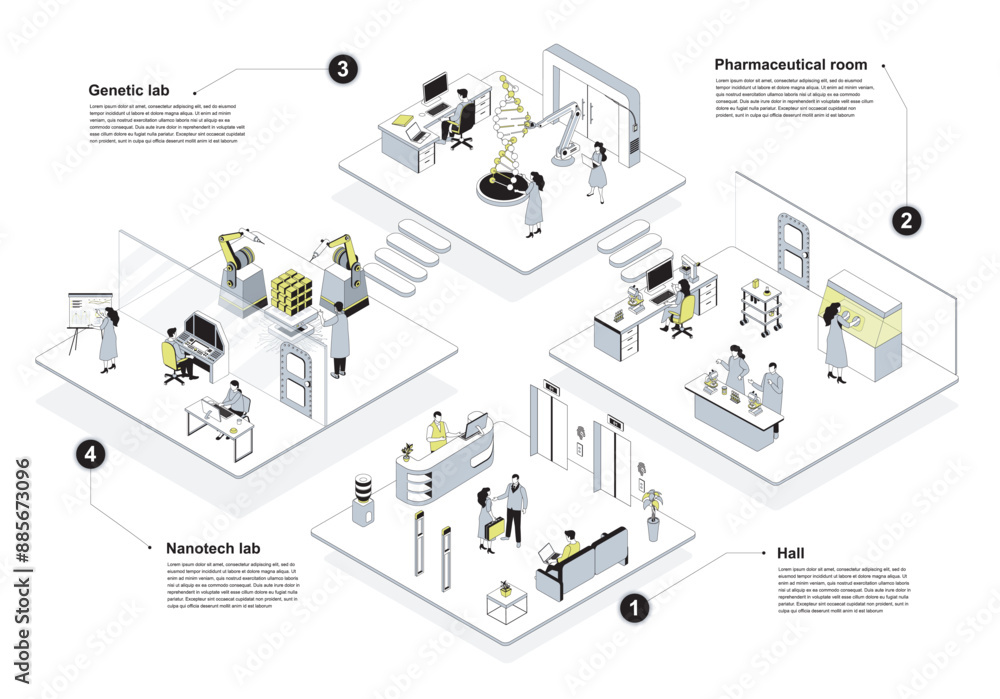 Leinwandbilder Laboratory 3d isometric concept in outline design for web. People working in isometry rooms at entrance hall, doing research in genetics, pharmaceutical and nanotech departments. Vector illustration.