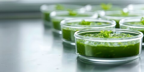 Algae and Mold-Based Lab-Grown Meat in Petri Dishes. Concept Lab-Grown Meat, Algae Cultivation, Petri Dish Experiments, Sustainable Food Production, Biotechnology in Agriculture