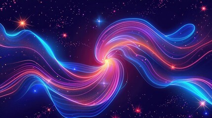 Fototapeta premium A stunning neon line design of a spiraling galaxy with bright stars and cosmic patterns, floating in deep space.