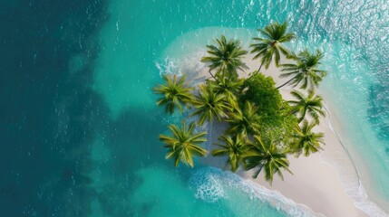 aerial view of a tropical island with coconut trees swaying in the breeze