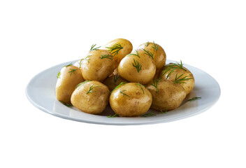 boiled new potatoes with fresh dill in a white plate isolated on a white background.