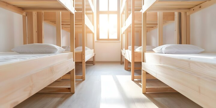 Shared bunk bed dormitory room for hostel accommodation. Concept Budget Travel, Hostel Life, Shared Accommodation, Backpacking Tips, Travel Accommodation