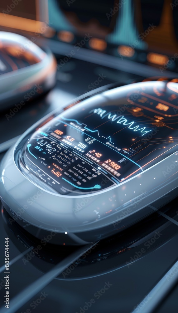 Poster advanced futuristic blood glucose monitoring device displaying real-time data on sleek interface