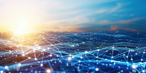 Abstract technology background with digital connections and global network concept on blue sky background, white lines Generative AI