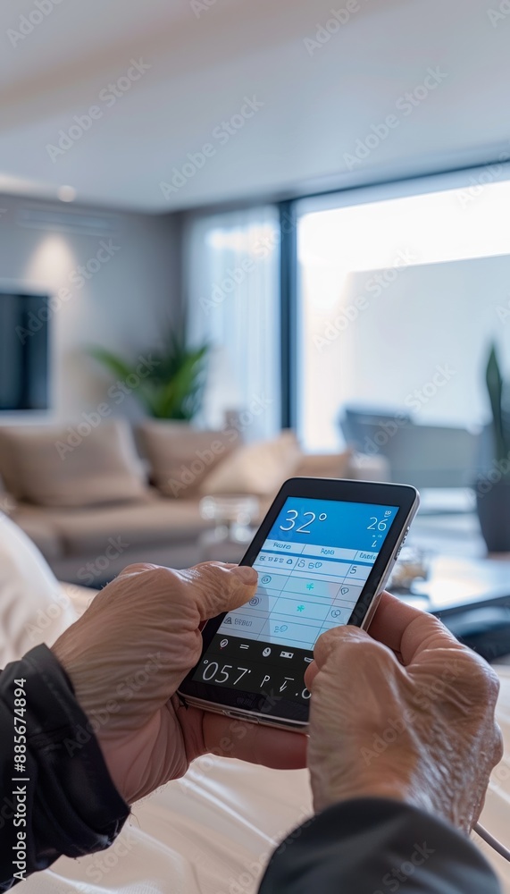 Aufkleber real-time glucose monitoring device in use within a sophisticated modern living room setting