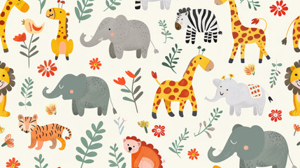 Obraz premium Adorable safari animals like elephants, tigers, and giraffes are on this fun pattern. Perfect for kids or babies.