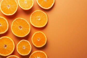Several orange halves are artistically arranged on an orange background, emphasizing their vibrant color and freshness.