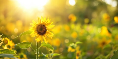 Obraz premium A single sunflower stands illuminated by the golden rays of the sun, creating a picturesque and serene image.