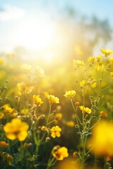 Fototapeta premium Yellow flowers bloom in a sunlit meadow under warm daylight, creating a joyful and picturesque natural scene.