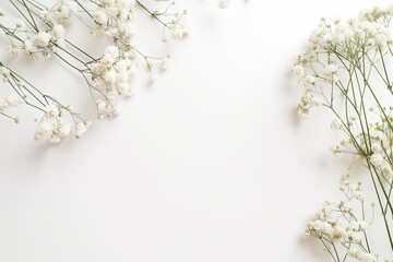 Fototapeta premium Delicate white flowers arranged at the corners of a white background, leaving ample space in the center.