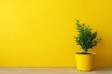 A simple green plant in a yellow pot placed on a wooden surface, emphasizing minimalism and freshness of nature.