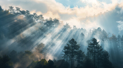 Fototapeta premium Beautiful scenery of a forest with tall trees under the sunlight and clouds.