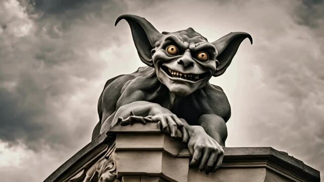 A gargoyle perched on a haunted mansion winks at viewers and offers spooky riddles