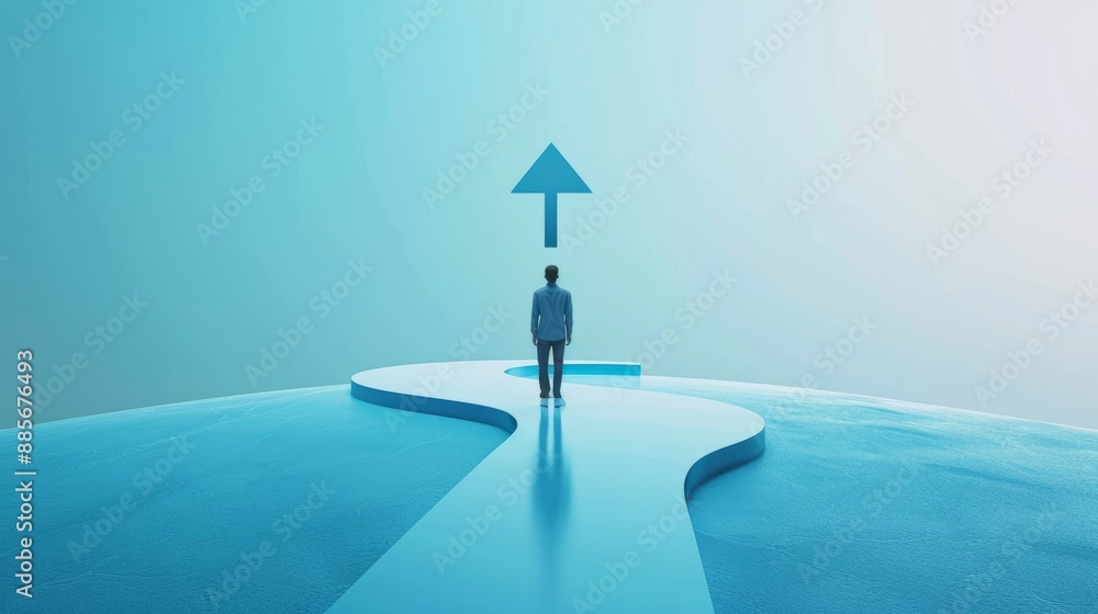 Poster man walking towards upward arrow on path. man in suit walks toward an upward pointing arrow on a blu