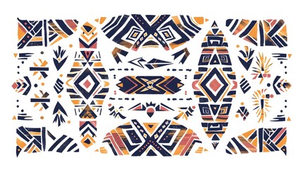 Vibrant Geometric Tribal Patterns Suitable for Sticker Design on White Background