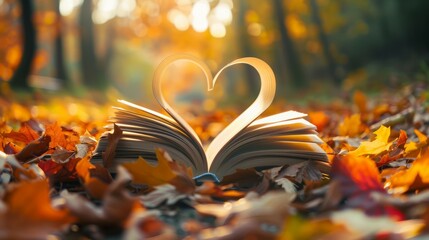 Book heart autumn leaves. Open book forming a heart shape surrounded by autumn foliage in a forest setting.