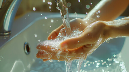 Fototapeta premium Close up hands of woman washing under running water in a bathroom sink, with daylight and a bright environment