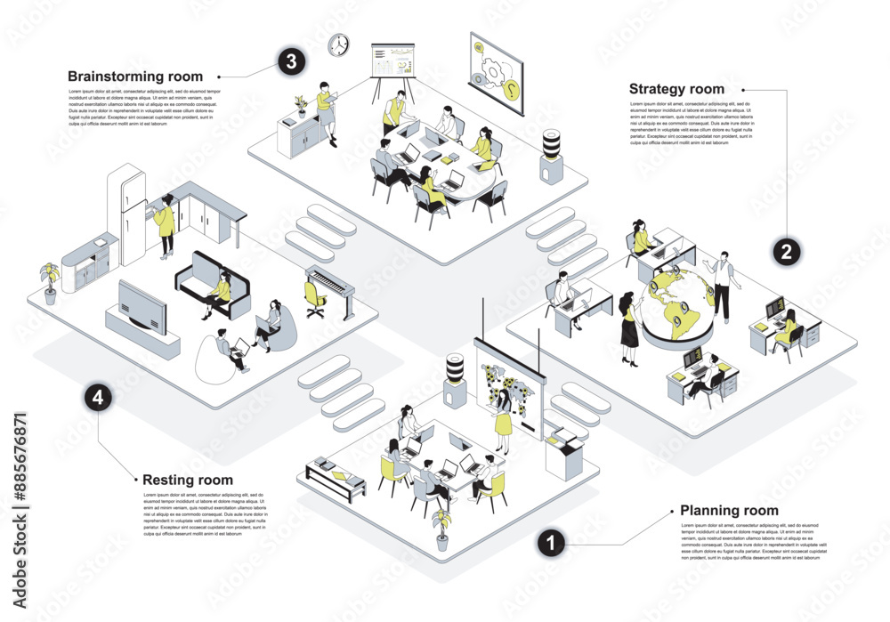 Aufkleber Outsourcing company 3d isometric concept in outline design for web. People working in isometry rooms in office with planning, strategy, brainstorming departments, resting area. Vector illustration.