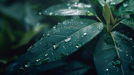 Lush green leaves glistening with droplets of water after a refreshing rain in a tropical forest during the early morning