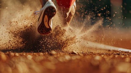 Dynamic Close-Up of a Long Jumper's Landing Amid Flying Sand Particles in a Competition