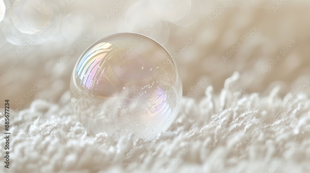 Poster iridescent bubble on soft fabric. a close-up photo of a shimmering, transparent bubble resting on a 