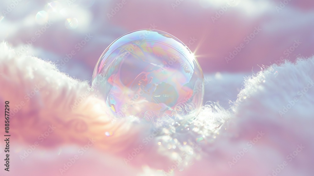 Poster sparkling soap bubble on soft white fabric. a shimmering soap bubble rests gently on a soft white fl