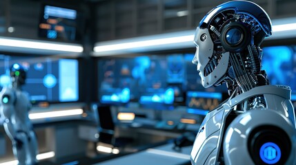 Fototapeta premium Two advanced robots in a futuristic control room, monitoring data and systems.