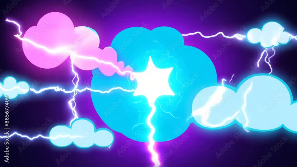 Poster cartoon clouds with lightning and glow effect generative ai