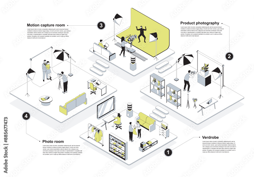 Poster photo studio 3d isometric concept in outline design for web. people in isometry rooms get picture in