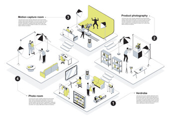Photo studio 3d isometric concept in outline design for web. People in isometry rooms get picture in photo zone, photographer shooting products, working in motion capture room. Vector illustration.