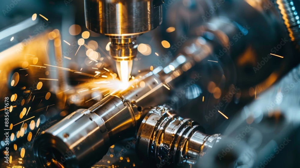 Poster cnc lathe performing precision threading on brass cylinder with coolant and sparks