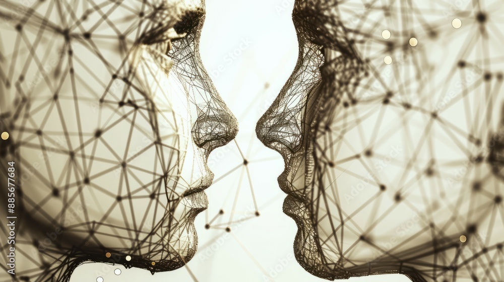 Aufkleber abstract faces connected by lines. two abstract faces, formed from lines and dots, facing each other
