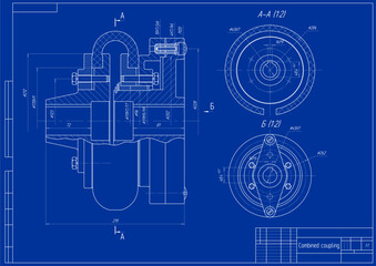 Assembly drawing of combined coupling.
Vector cad scheme of steel mechanical device with shaft, gear, 
 bolted connection, dimension lines.
Engineering background. Technical template. 
Cross section.