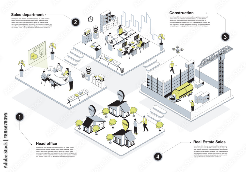 Poster real estate 3d isometric concept in outline design for web. people working in isometry rooms at head
