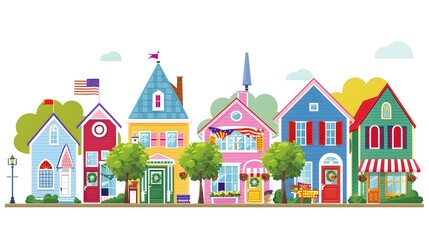Fototapeta premium Vibrant Small Town Labor Day Parade with Colorful Houses and Flags