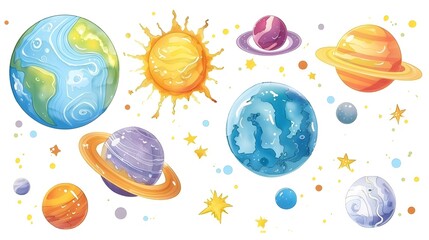 Vibrant Solar System with Planets and Celestial Bodies on White Background