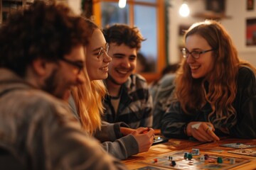 Fototapeta premium Joyful LGBTQ Game Night with Friends Playing Board Games in a Warm, Cozy Home Setting