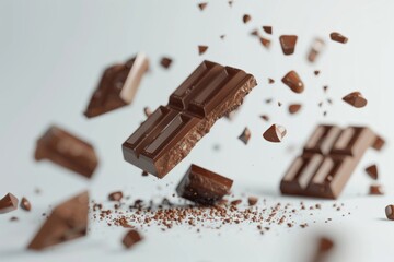 This stunning image captures pieces of a chocolate bar breaking apart and suspended mid-air against a pristine white background, presenting a delectable and dynamic scene that appeals to both the eye