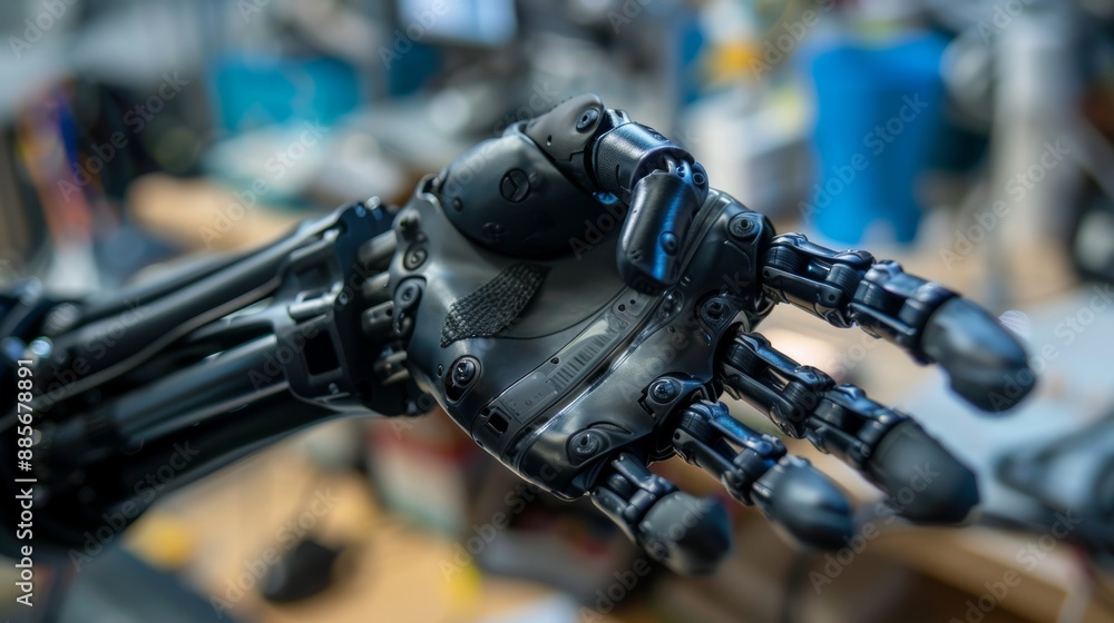 Aufkleber robotic hand displayed in a workshop showcasing advanced technology and engineering innovations