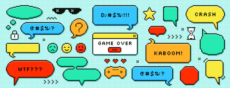 Set of color pixel dialogue boxes different shape. Chat speech bubbles, message frames, dialogue balloons with swear words in 8bit retro style. Pixelated game over, kaboom text, smile or heart sticker