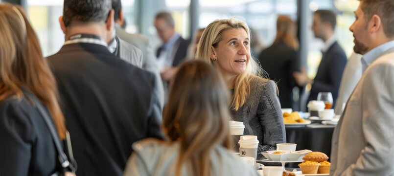 Corporate Networking Breakfast Event with Business Professionals Enjoying Coffee and Pastries