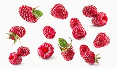 A close up of a bunch of raspberries with a leaf on top.