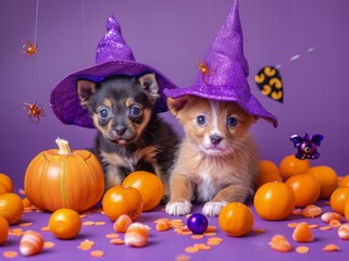 Fototapeta premium This delightful image features two cute kittens wearing sparkling purple witch hats, surrounded by pumpkins, oranges, and Halloween decorations on a bright purple backdrop, capturing a playful and fe