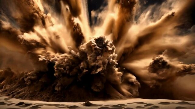 Sand soil dust explosion on black background. Slow motion
