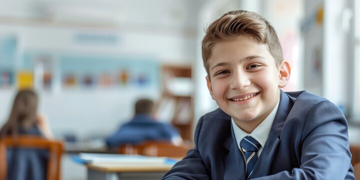 Caucasian teen boy sits at desk in classroom wearing blue suit jacket and tie smiling directly into camera. Students work on assignments behind him creating lively learning environment.